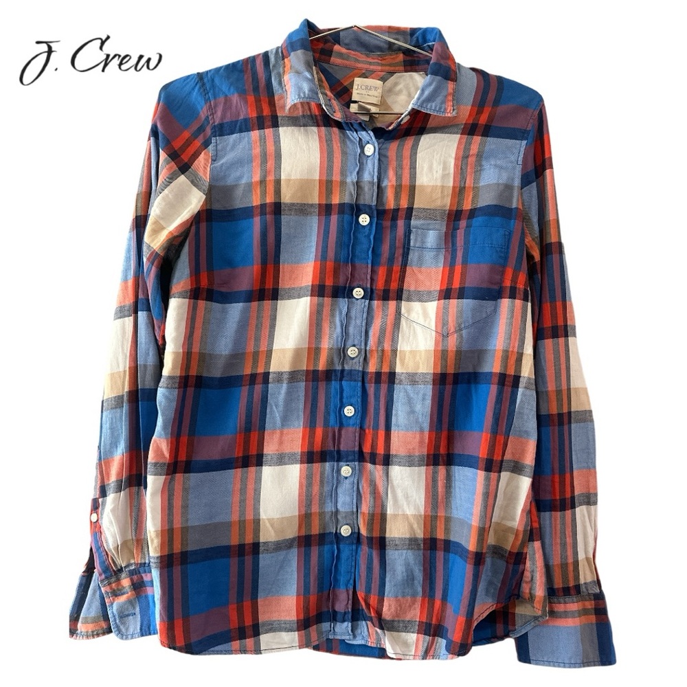 J. Crew Perfect Fit Blue Tan Red button Down Top Size Small